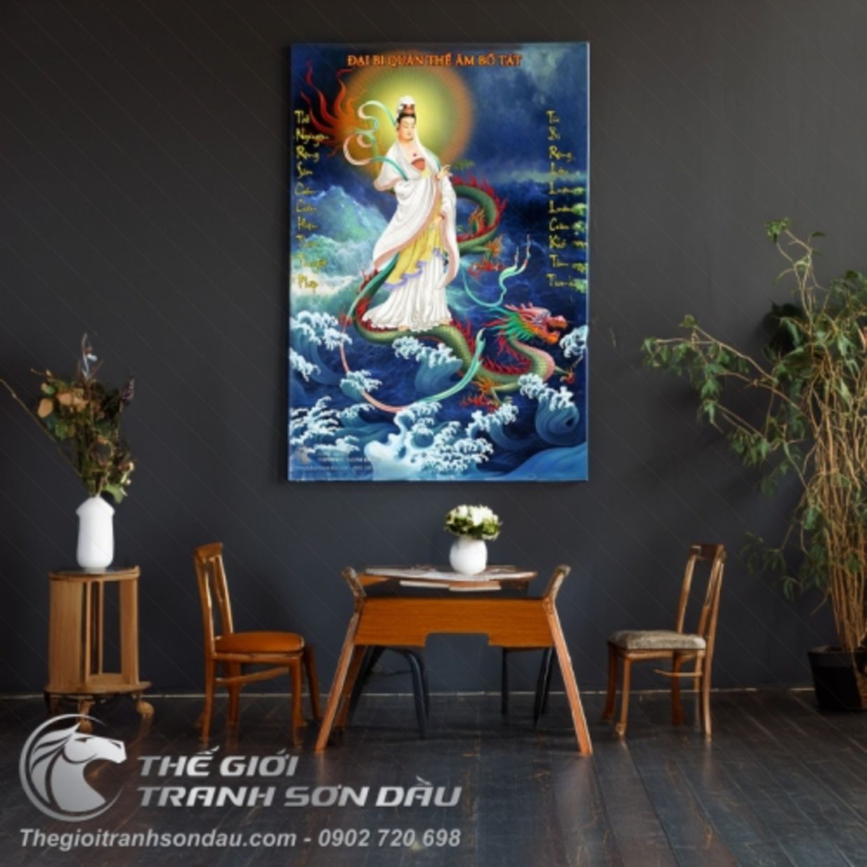Tranh Sơn Dầu Bồ Tát Cưỡi Rồng Bay Sang Trọng Trang Trí Nhà 