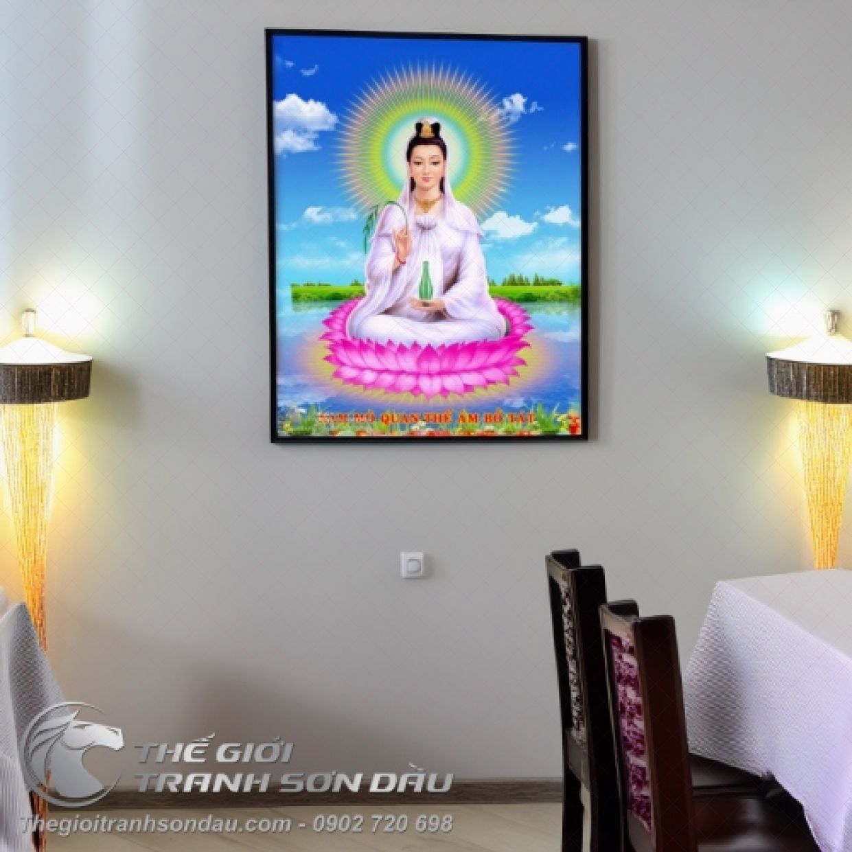 Tranh Sơn Dầu Bồ Tát Đài Sen Cầm Nhánh Liễu Kích Thước Đa Dạng 