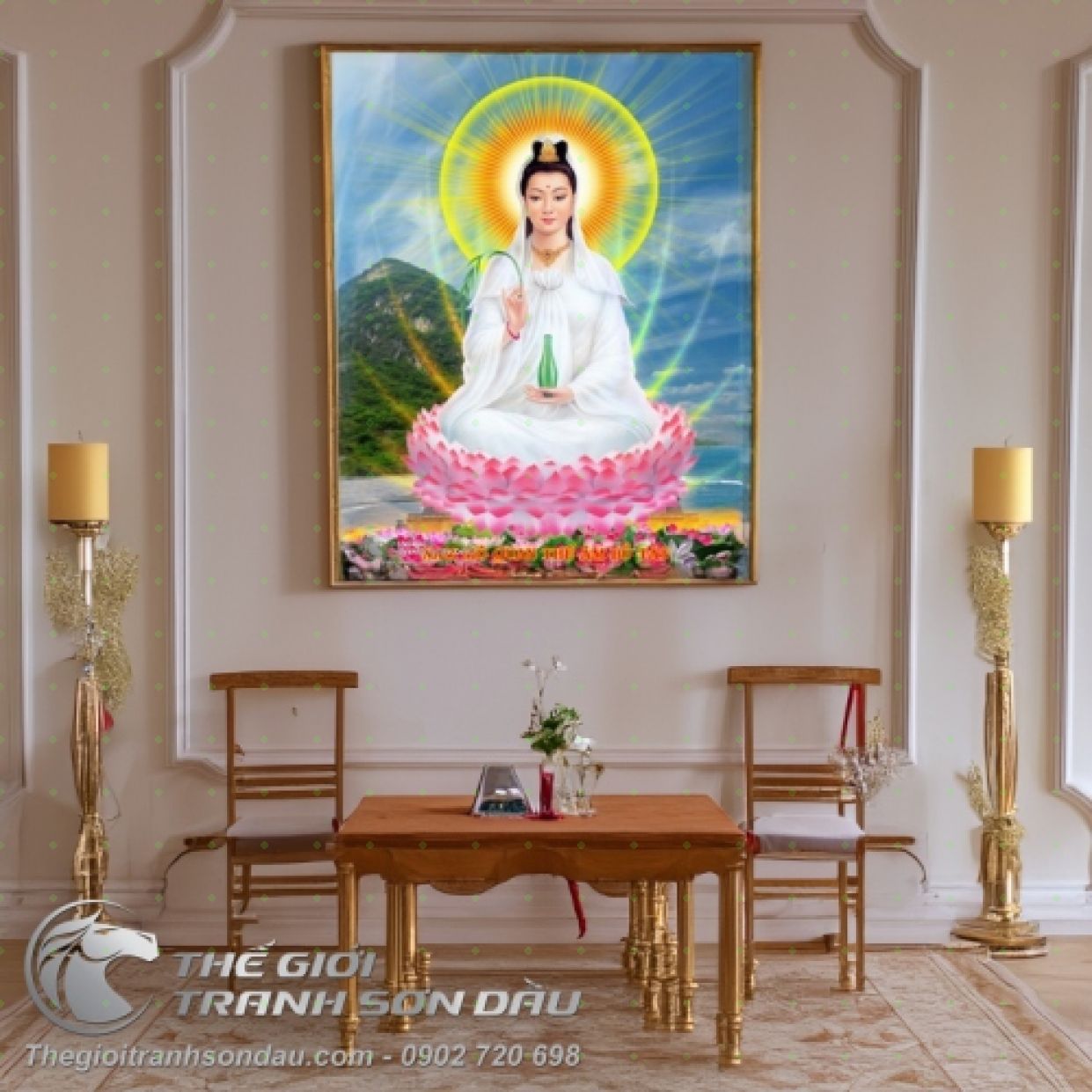 Tranh Sơn Dầu Phật Quan Âm Bên Núi Kích Thước Đa Dạng Sang Trọng 