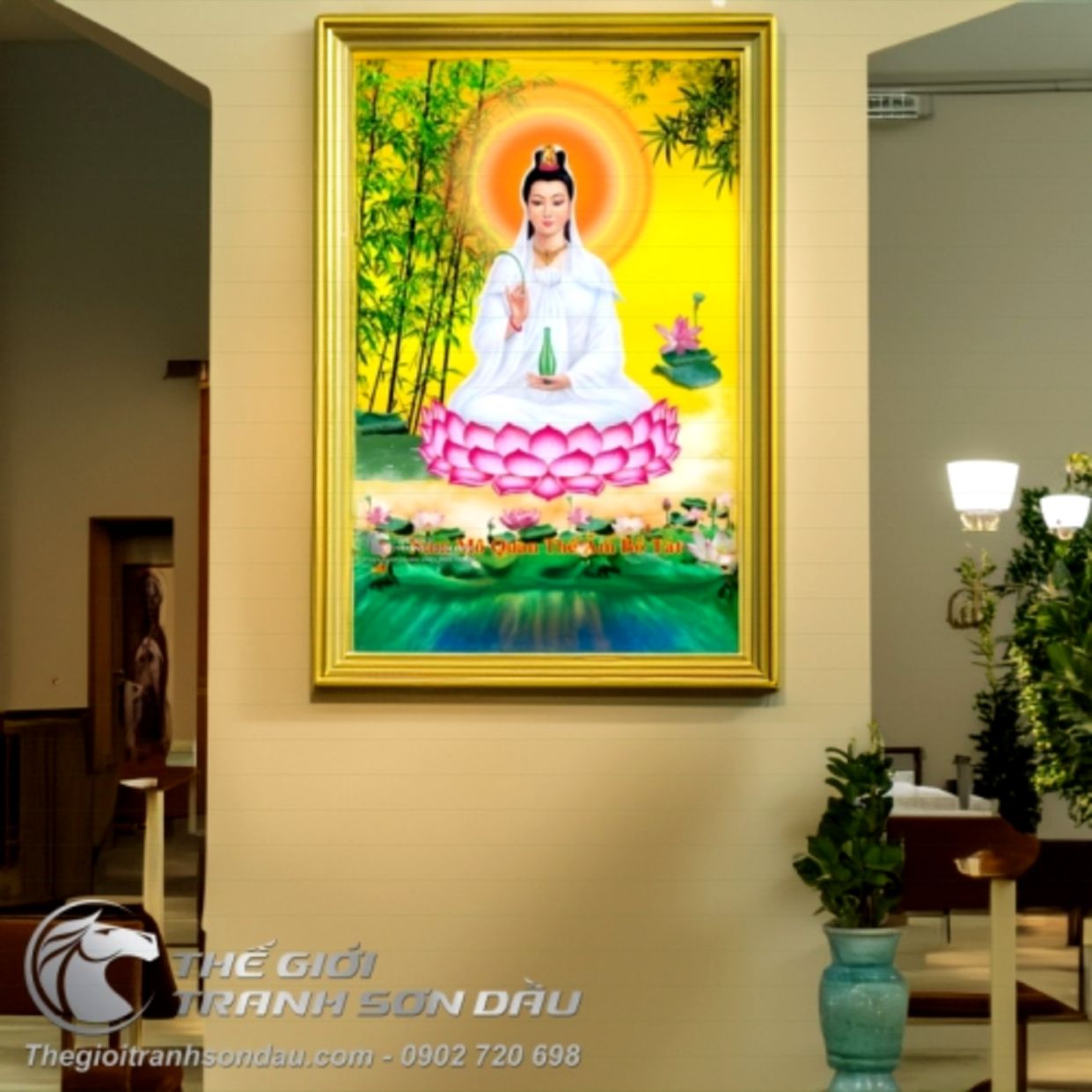 Tranh Sơn Dầu Phật Quan Âm Nền Vàng Kích Thước Đa Dạng Sang Trọng 