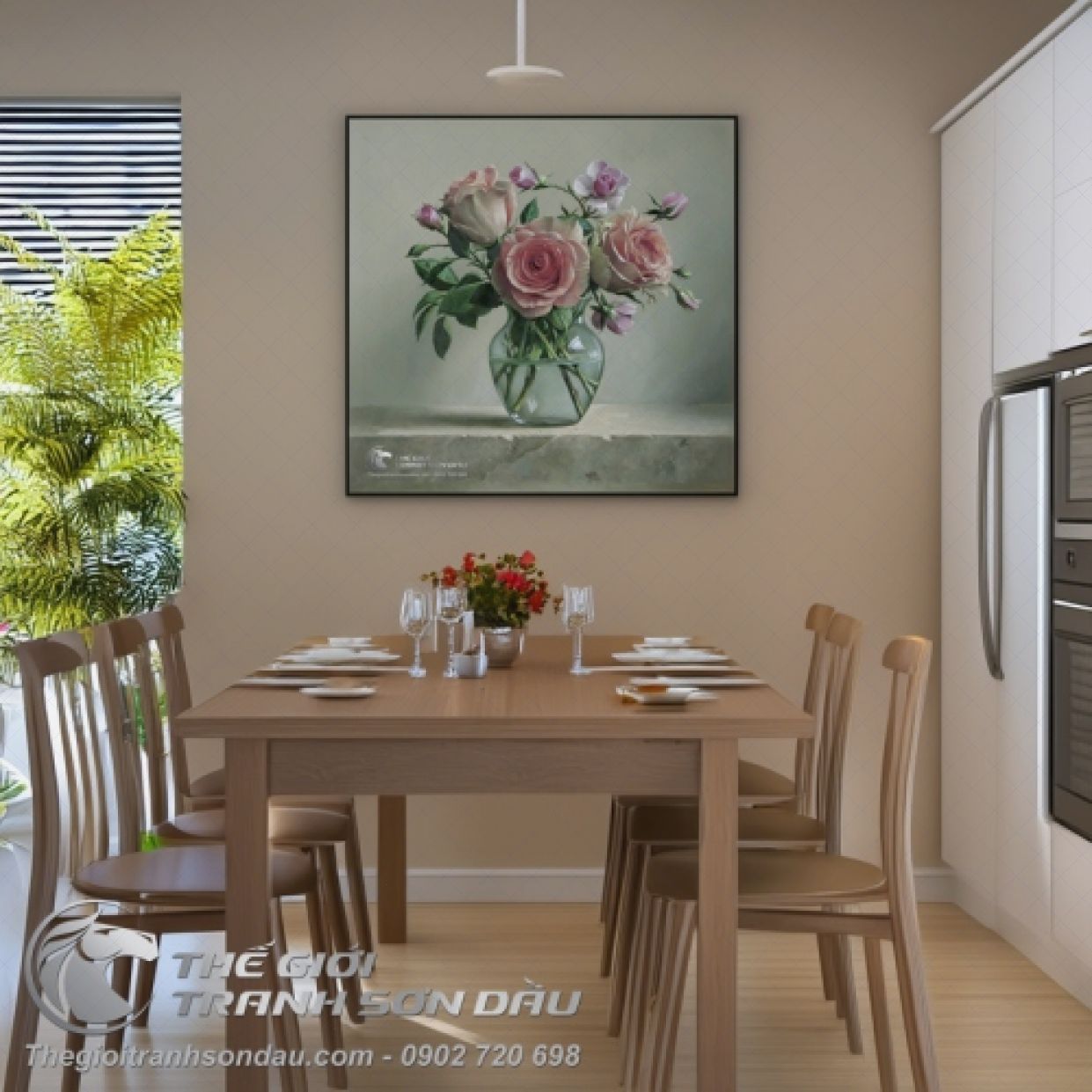 Tranh Lọ Hoa Hồng Trắng Tím Sơn Dầu Đẹp Sang Trọng 