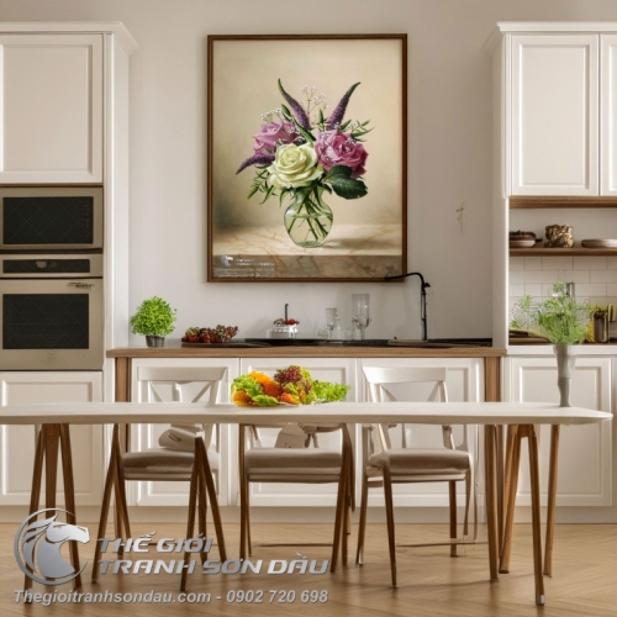 Tranh Sơn Dầu Bình Hoa Hồng 60x90 80x160cm Màu Sắc Đẹp Sang 