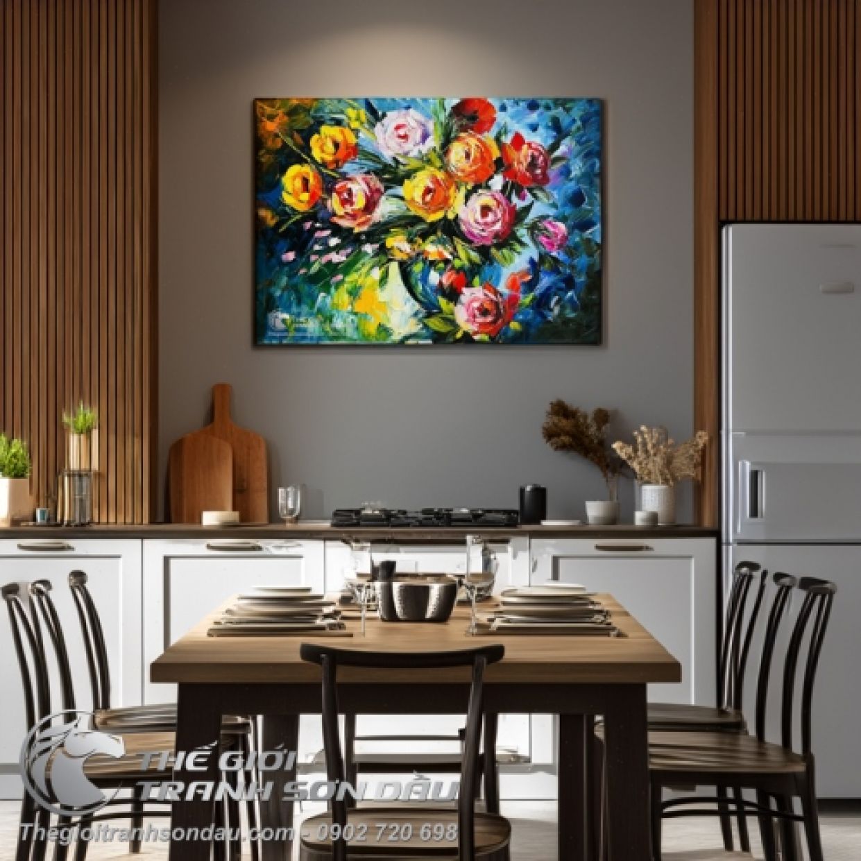 Tranh Sơn Dầu Tĩnh Vật Bình Hoa Rực Rỡ 60x80cm Giá Tốt 