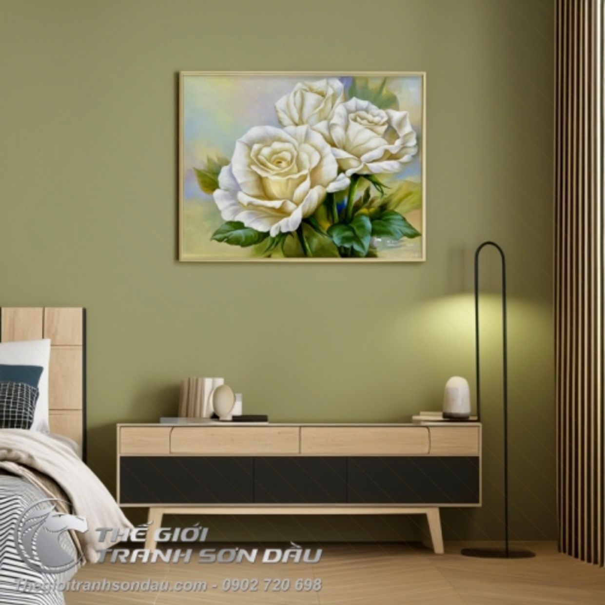 Tranh Hoa Hồng Trắng Sơn Dầu 60x80cm Hiện Đại Sang Trọng 