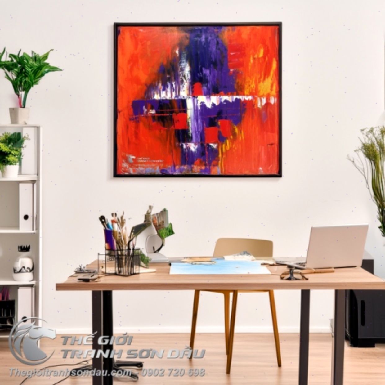 Tranh Trừu Tượng Đỏ Tím Đa Sắc Sơn Dầu Kích Thước 60x60cm 