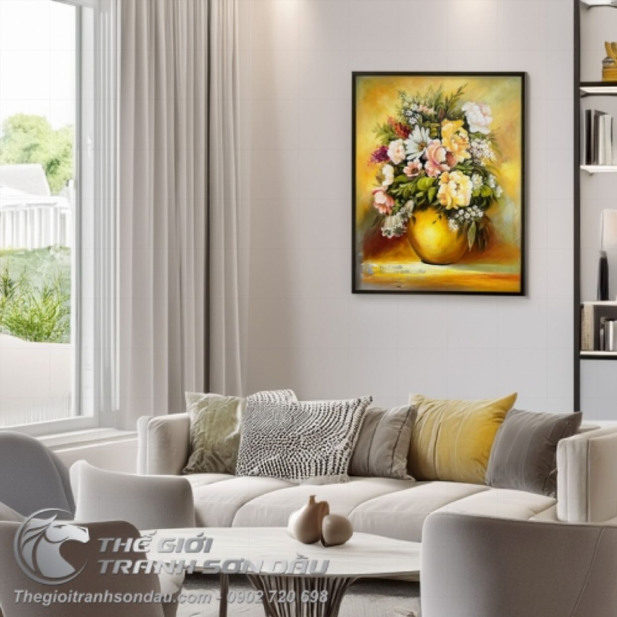 Tranh Bình Hoa Sơn Dầu Trang Trí Phòng Khách Sang Trọng 