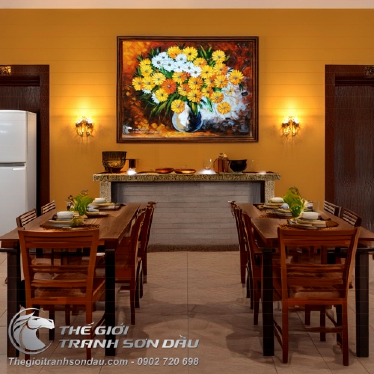 Tranh Sơn Dầu Hoa Cúc Vàng Dày Màu 60x80cm Khung 7cm Sang Trọng 