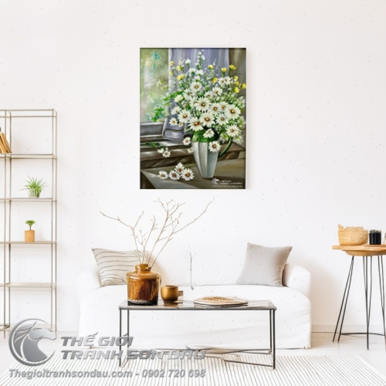 Tranh Sơn Dầu Bình Hoa Cúc Trắng 60x80cm Nghệ Thuật Đa Sắc Màu 