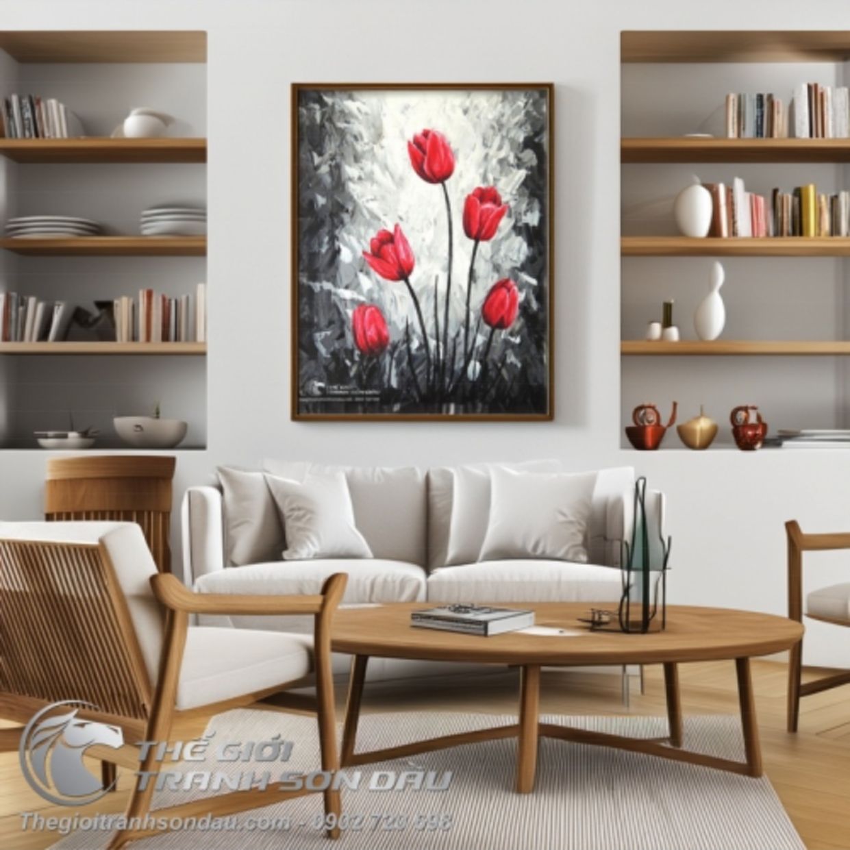 Tranh Hoa Tulip Đỏ Sơn Dầu Sang Trọng Kích Thước Đa Dạng 