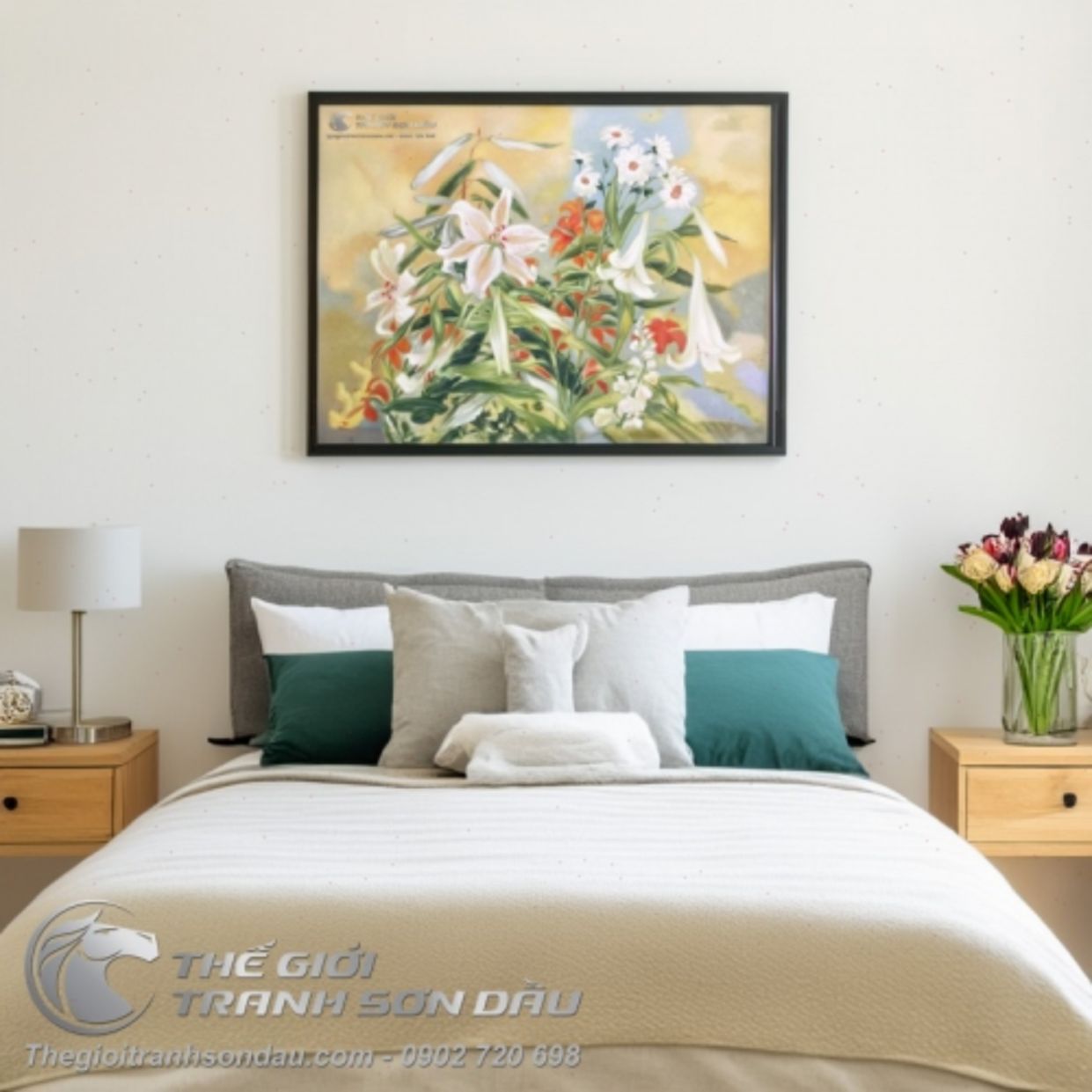 Tranh Sơn Dầu Hoa Lily Hoa Cúc Trắng Sang Trọng Tinh Tế Trang Trí 