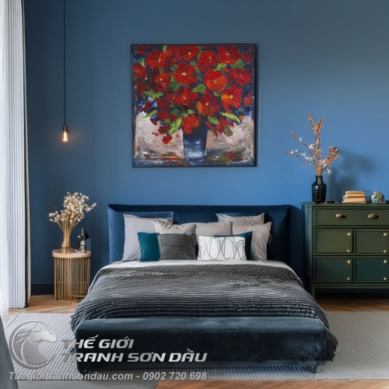 Tranh Bình Hoa Đỏ Sơn Dầu Trang Trí Phòng Ngủ Sang Trọng 