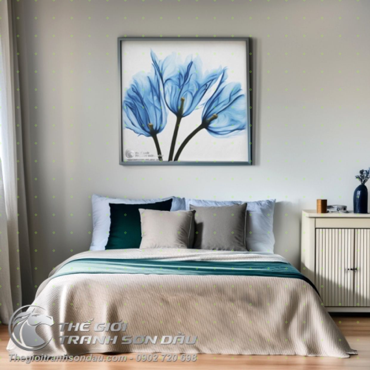Tranh Sơn Dầu Tulip Hiện Đại Màu Xanh Trang Trí Phòng Khách 