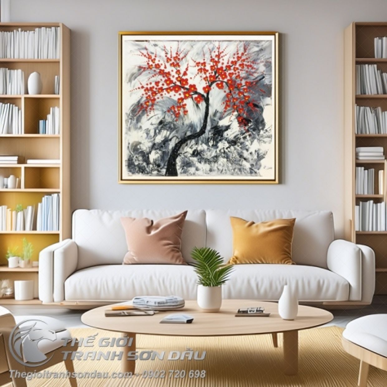 Tranh Sơn Dầu Hoa Đào Đỏ Đắp Nổi Trang Trí Phòng Khách 