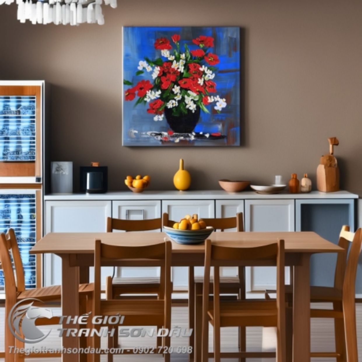 Tranh bình hoa đỏ trang trí cầu thang khung chắc kích thước đa dạng 