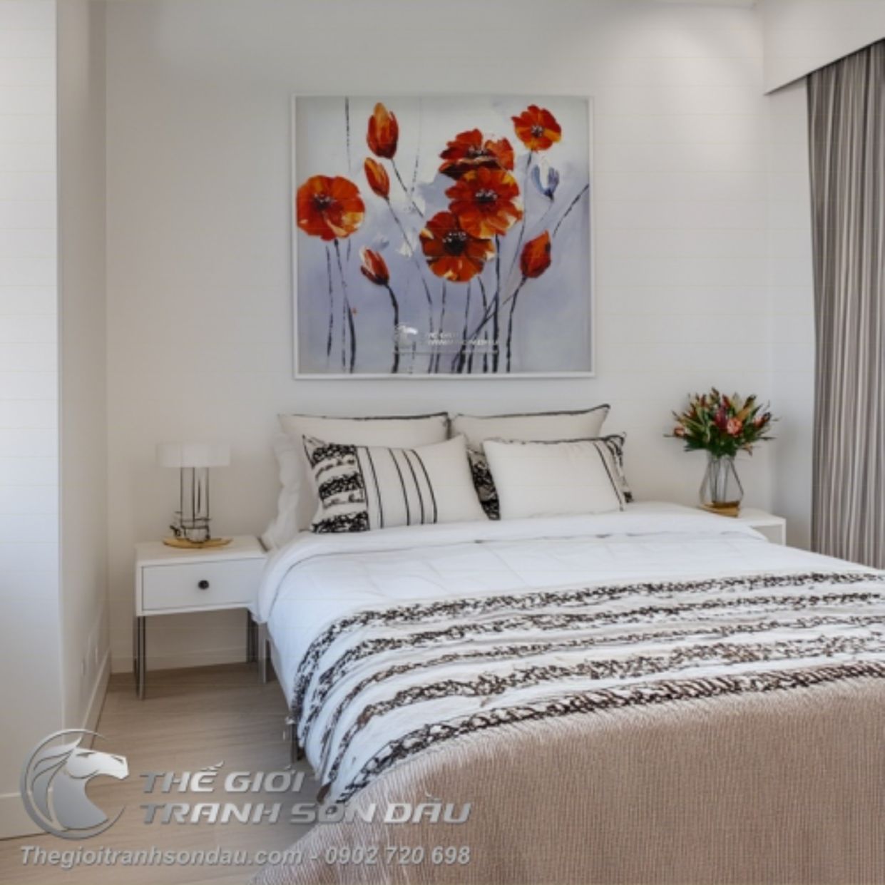 Tranh Sơn Dầu Vườn Hoa Đỏ Trang Trí Phòng Khách Sang Trọng 