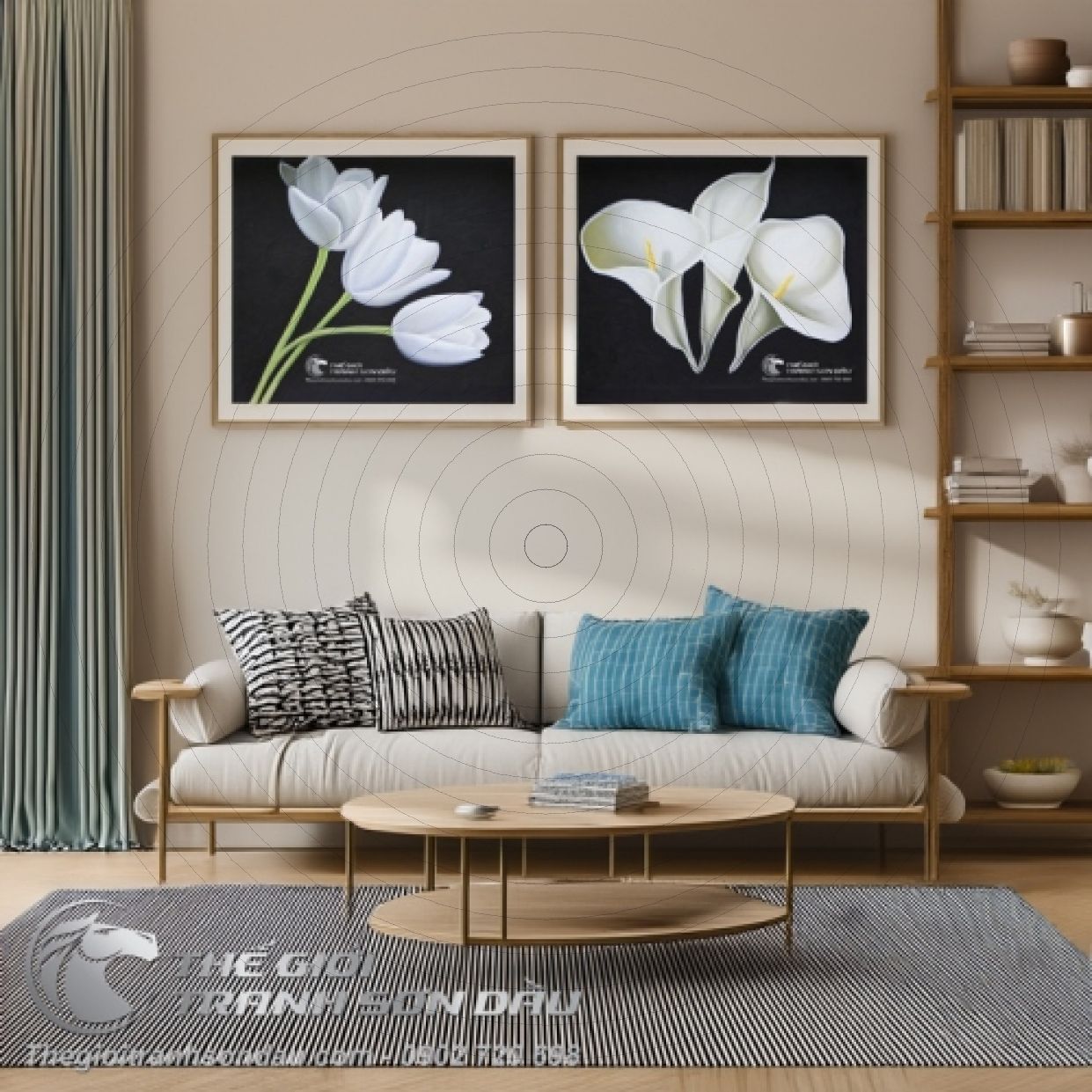 Tranh Sơn Dầu Hoa Trắng Hiện Đại Bộ 2 Tấm Sang Trọng Đẹp 