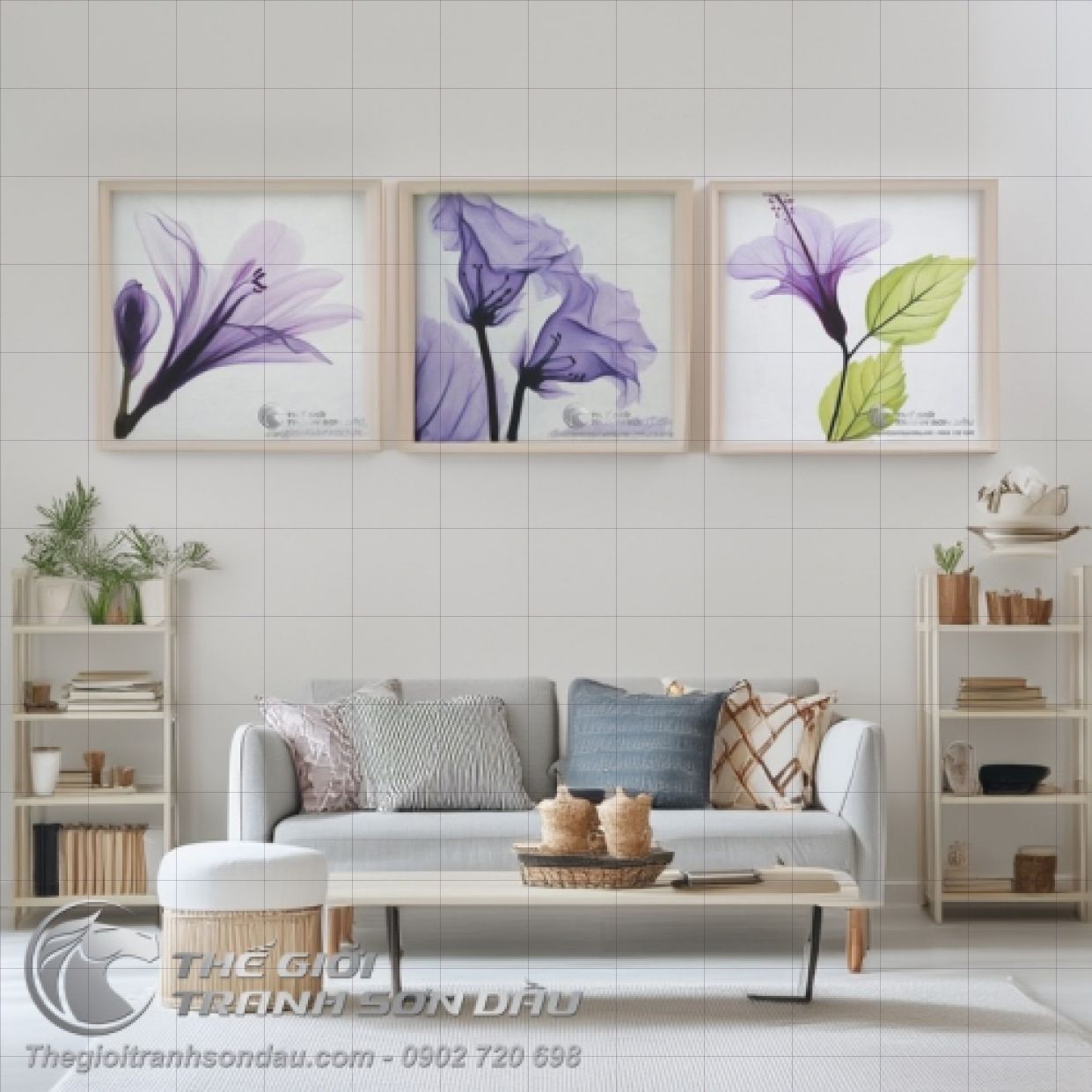 Tranh Sơn Dầu Hoa Tím Hiện Đại Bộ 3 Tấm Sang Trọng Decor 