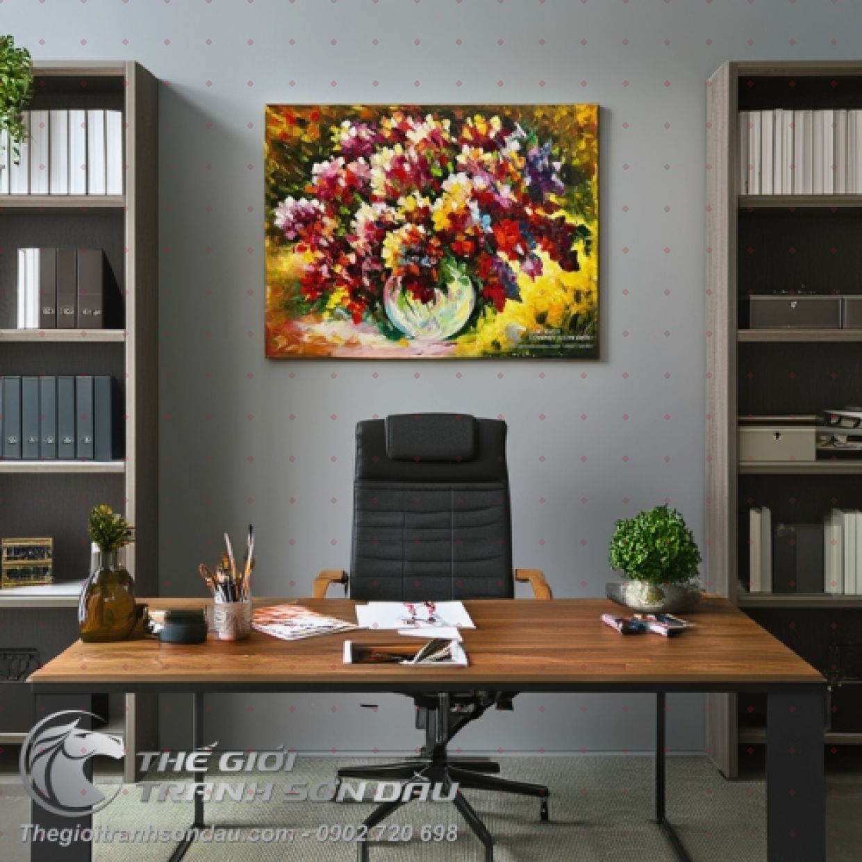 Tranh Sơn Dầu Bình Hoa Rực Rỡ 60x80 Đa Sắc Trang Trí Phòng 