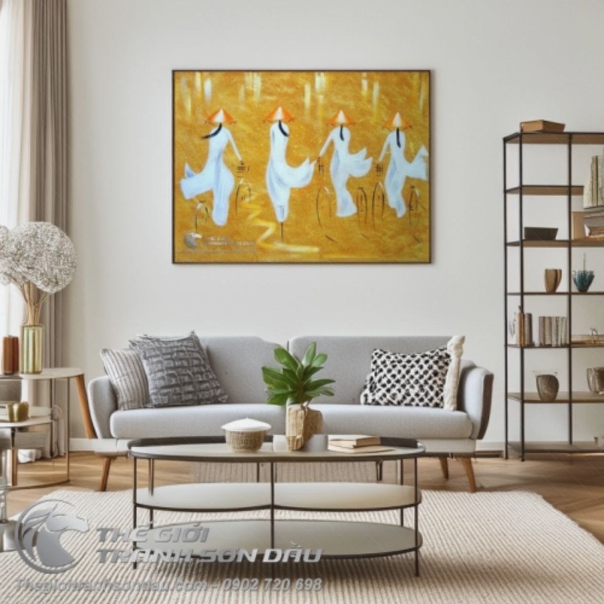 Tranh Thiếu Nữ Áo Dài Trắng Nền Cam Cao Cấp Tặng Decor 