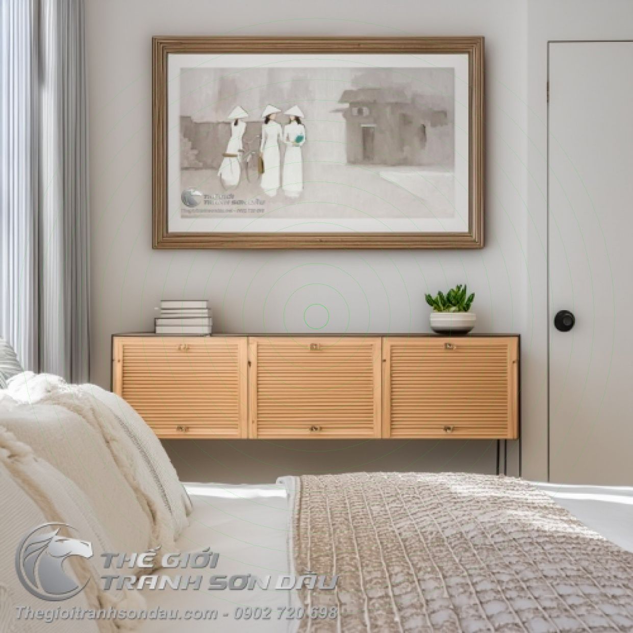 Tranh Sơn Dầu Thiếu Nữ Áo Dài Trắng Bước Đi Kích Thước Đa Dạng 