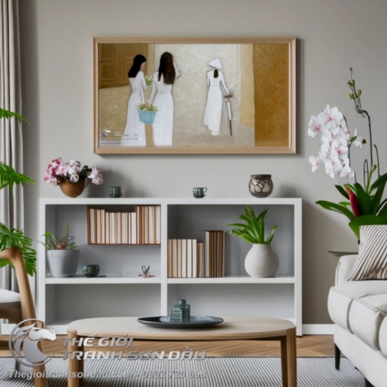 Tranh Sơn Dầu Thiếu Nữ Áo Dài Trắng Xe Đạp Kích Thước Đa Dạng 