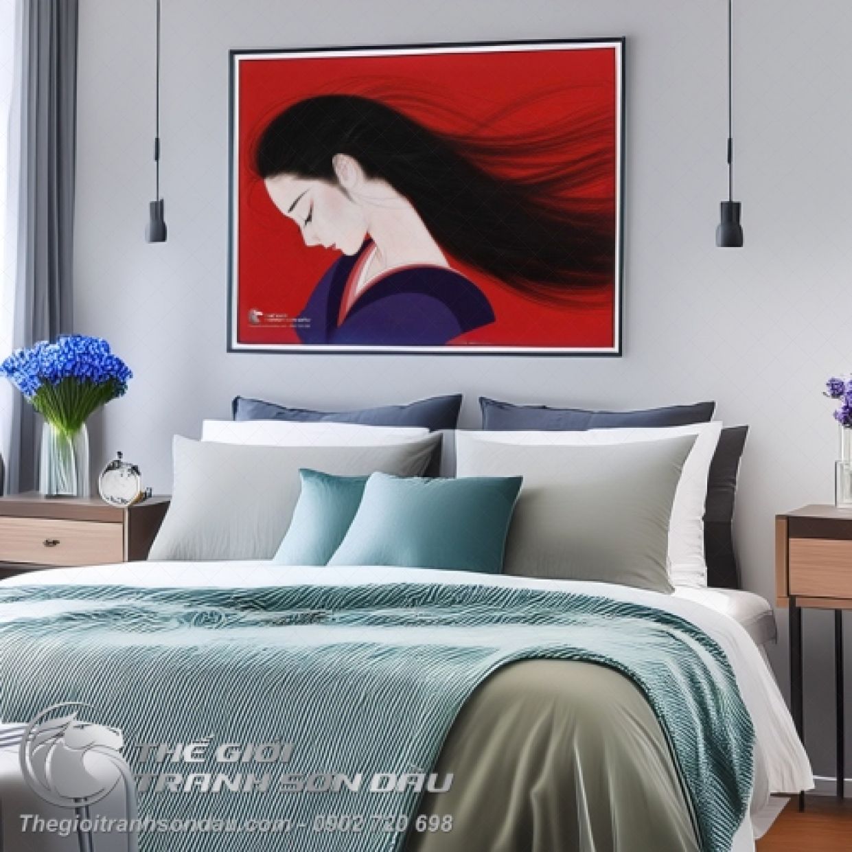 Tranh Vẽ Thiếu Nữ Tóc Dài Buồn Sơn Dầu Đa Sắc Khung Đẹp 