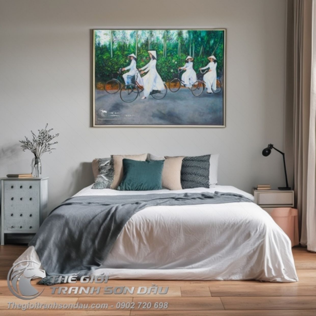 Tranh Sơn Dầu Bốn Thiếu Nữ Áo Dài Trắng Xe Đạp Đẹp 60x90cm 