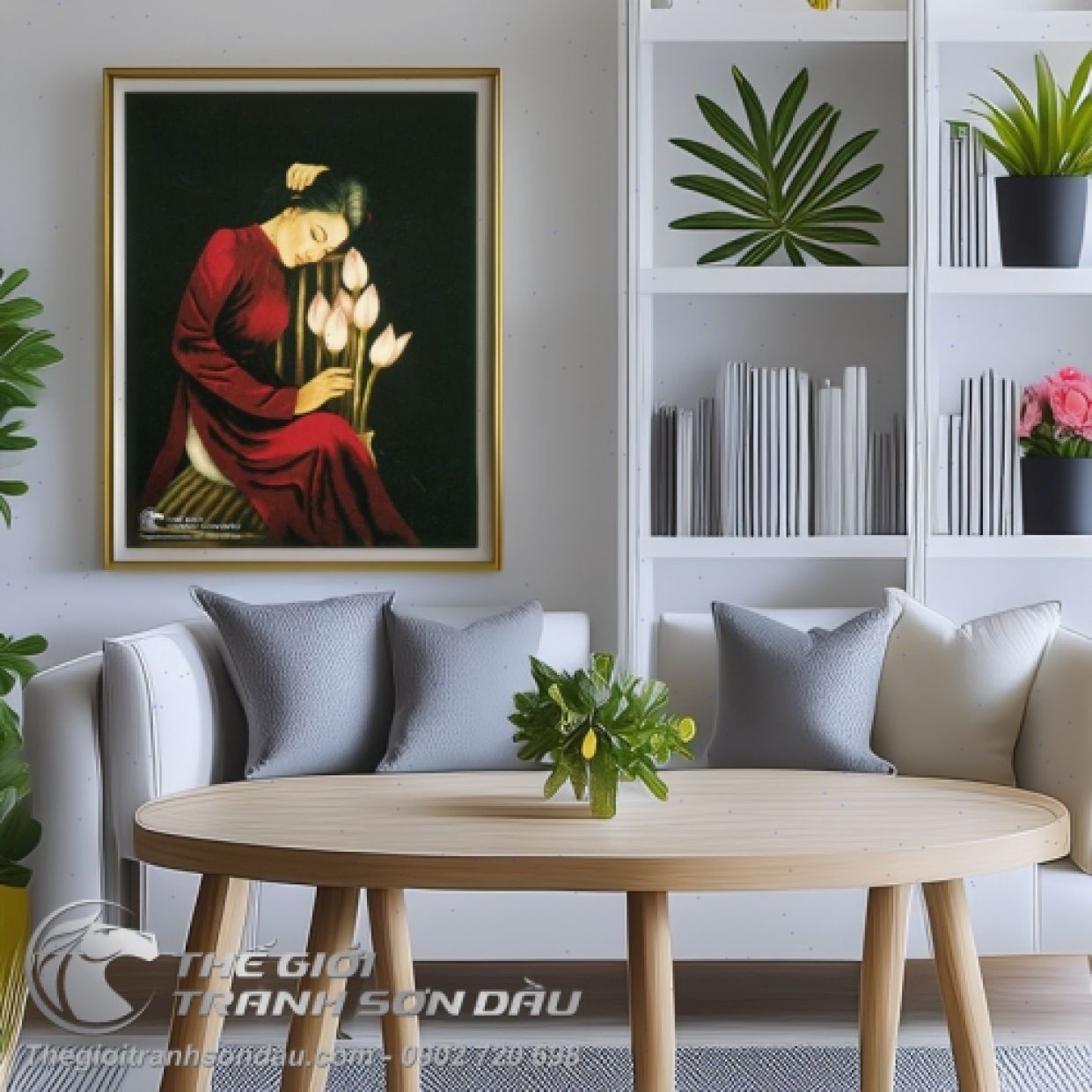 Tranh Thiếu Nữ Áo Dài Đỏ Bên Hoa Sen Sơn Dầu Kích Thước Đa Dạng 