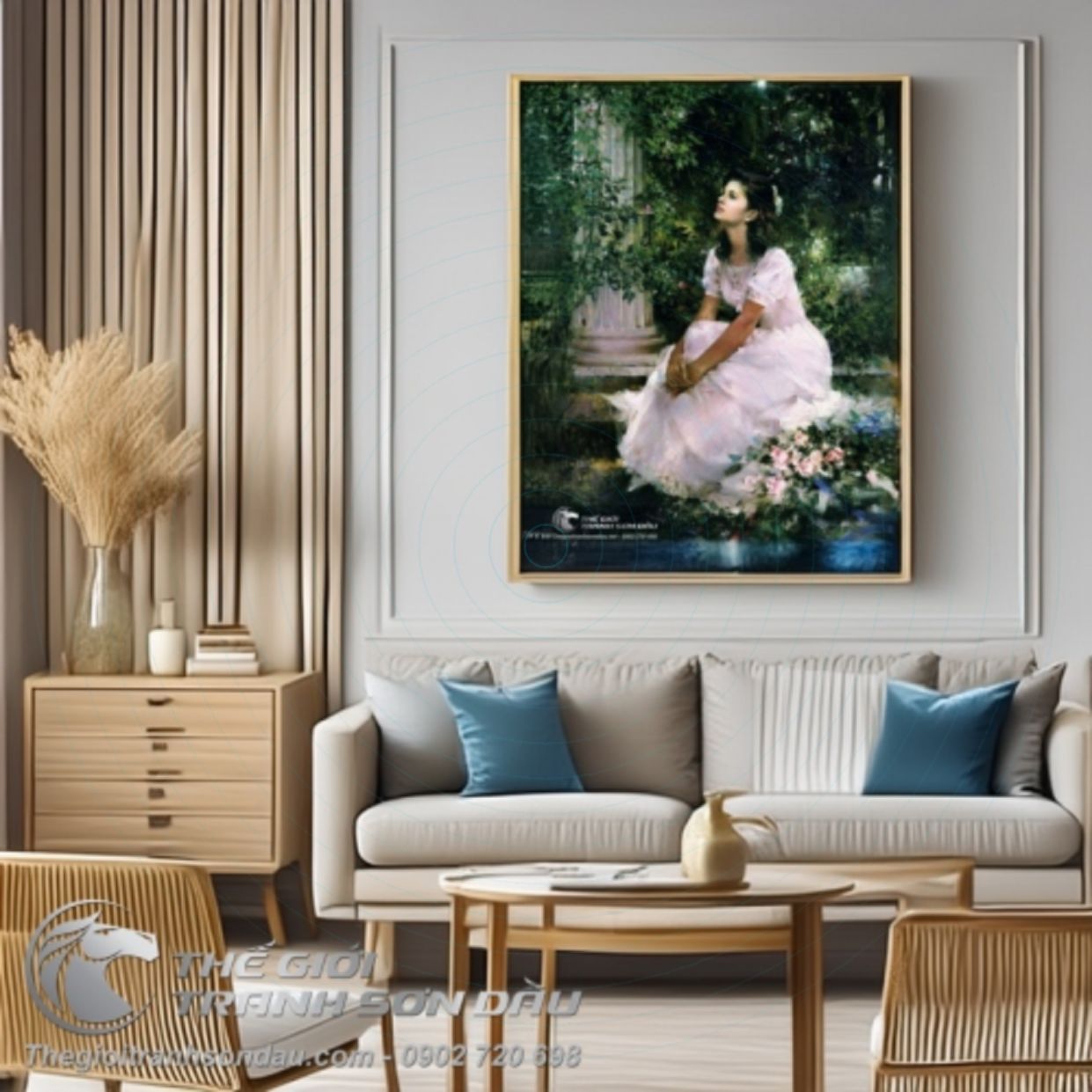 Tranh Sơn Dầu Thiếu Nữ Đầm Trắng Nghệ Thuật Đẹp Kích Thước Đa Dạng 
