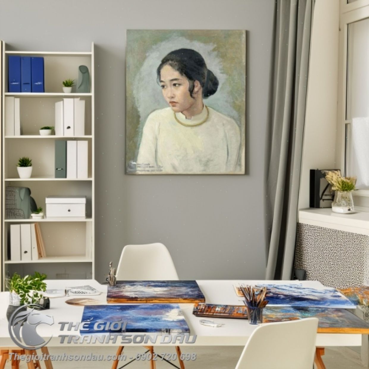 Tranh Sơn Dầu Thiếu Nữ Áo Dài Trắng Đẹp Sang Trọng Phù Hợp Trang Trí 