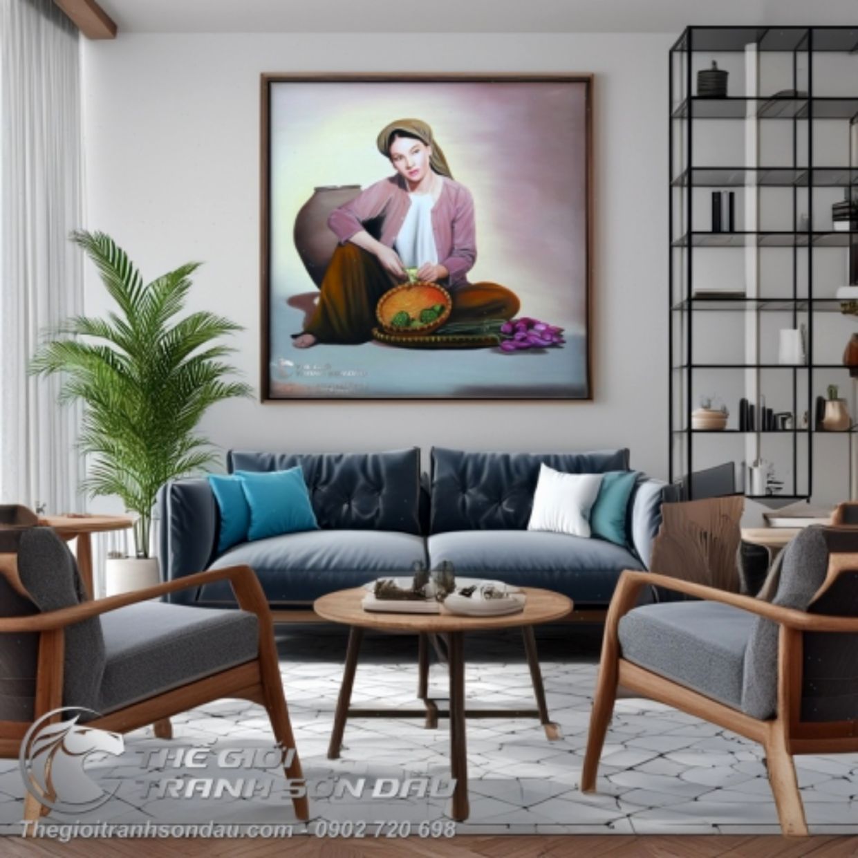 Tranh Sơn Dầu Thiếu Nữ Áo Yếm Tách Sen 60x60 Đẹp Sang Trọng 