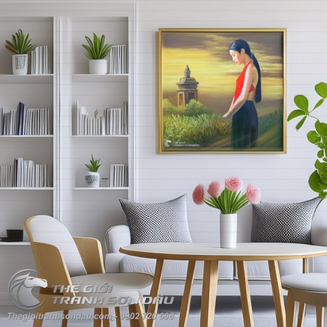 Tranh Thiếu Nữ Mặc Áo Yếm Đỏ Sơn Dầu 60x60 Trang Trí Sang 