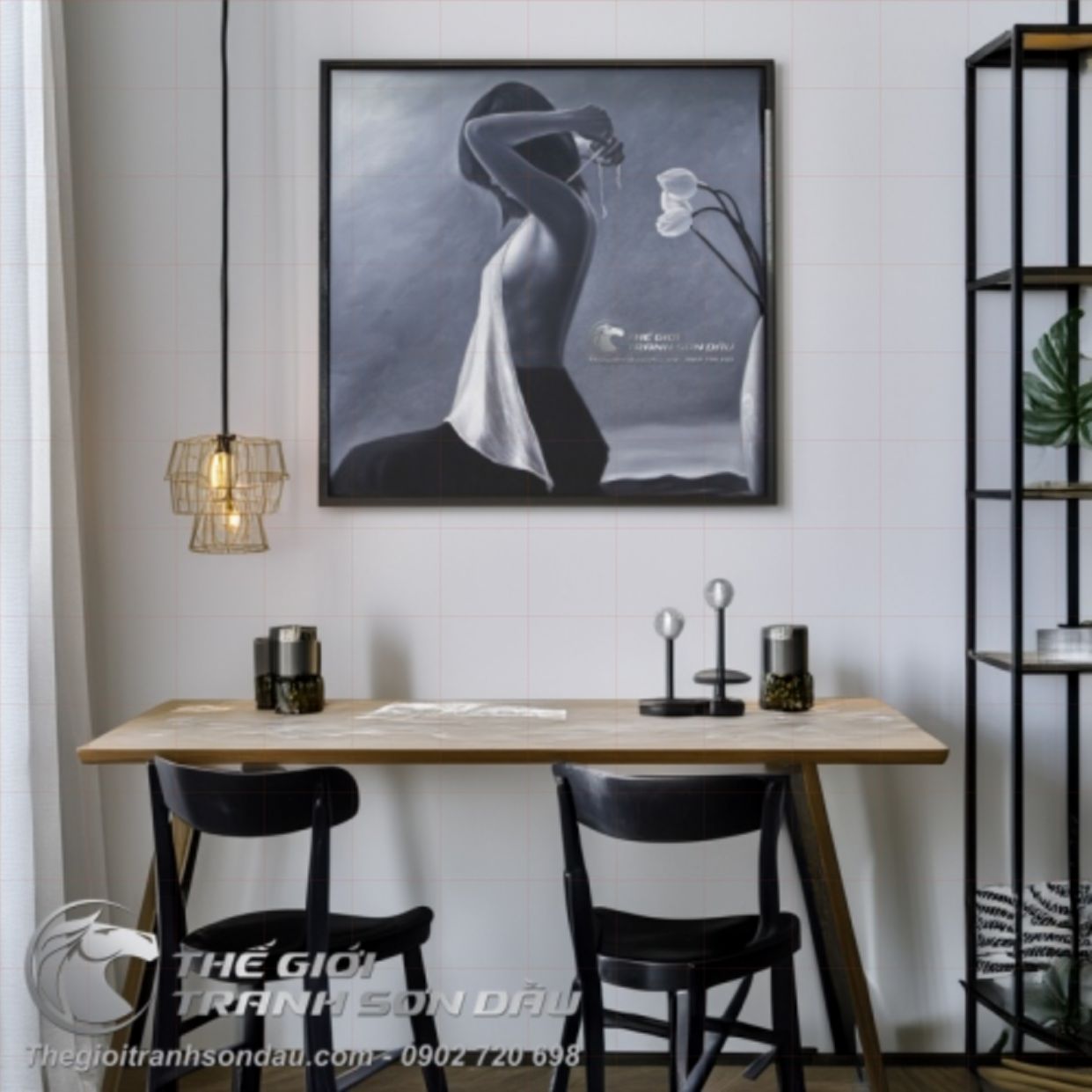 Tranh Sơn Dầu Thiếu Nữ Bán Khỏa Thân Áo Yếm Trắng Đen 60x90cm 