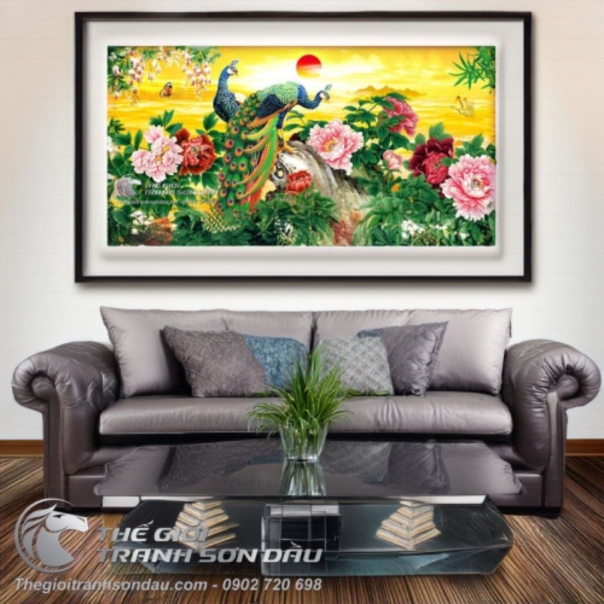 Tranh Sơn Dầu Đôi Chim Công Hoa Mẫu Đơn Mặt Trời Đỏ 60x90cm 