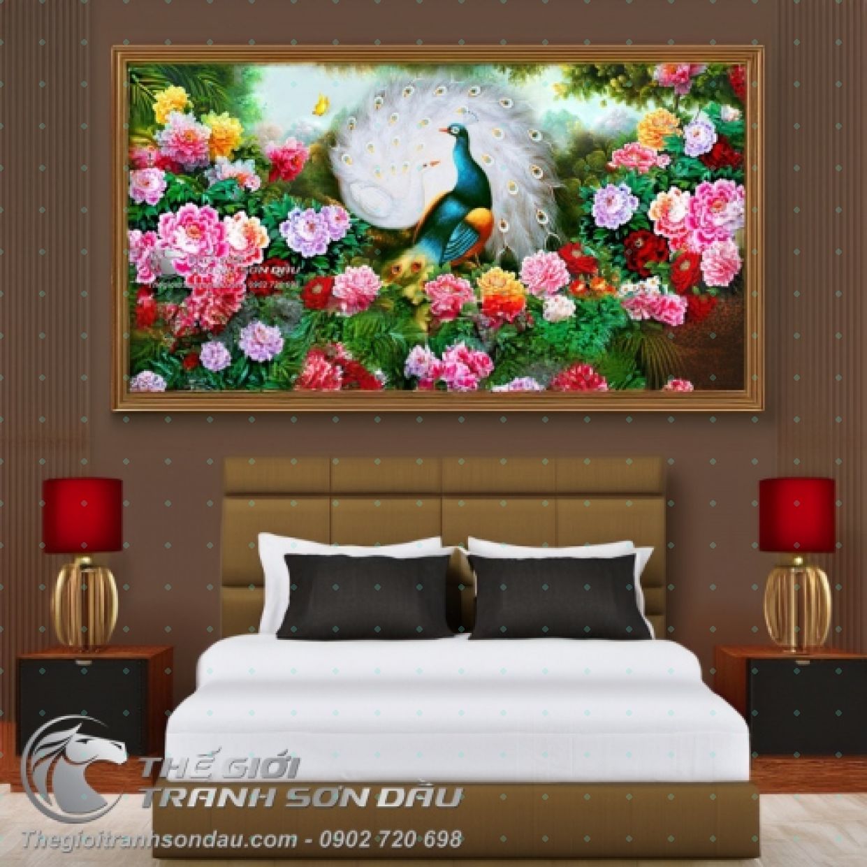 Tranh Đôi Chim Công Hạnh Phúc Hoa Mẫu Đơn Sơn Dầu Sang Trọng Kích Thước Đa Dạng 