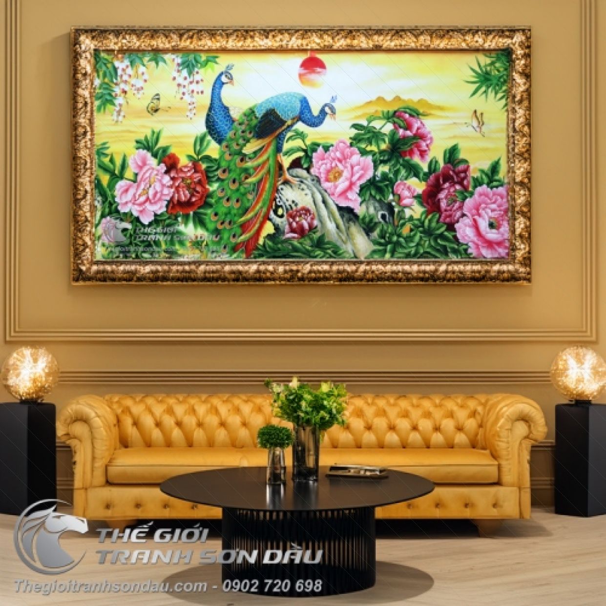 Tranh Đôi Công Hoa Mẫu Đơn Mặt Trời Sắc Nét Sơn Dầu Khung 7cm 