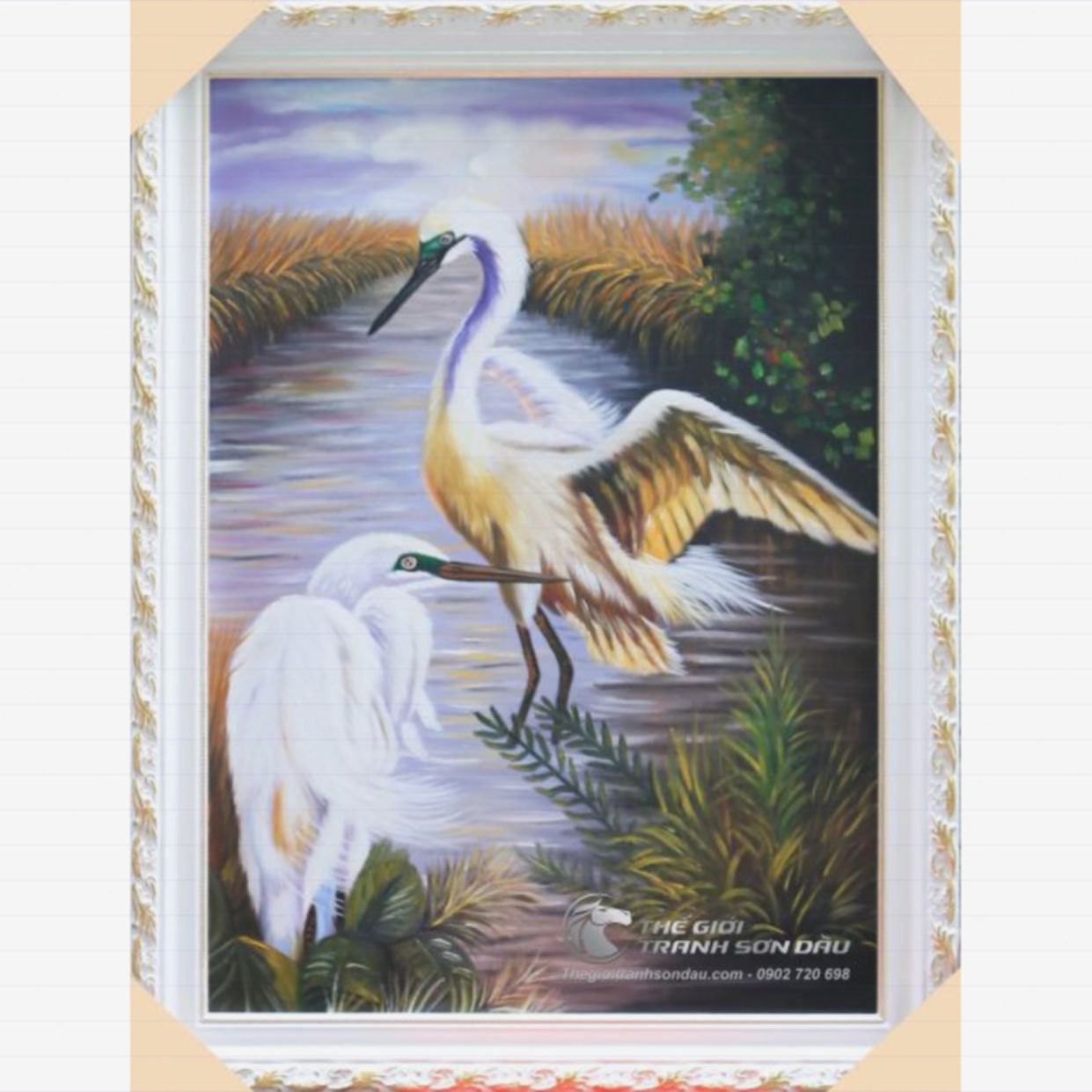 Tranh Sơn Dầu Đôi Cò Đẹp Trang Trí Nhà Kích Thước Đa Dạng 